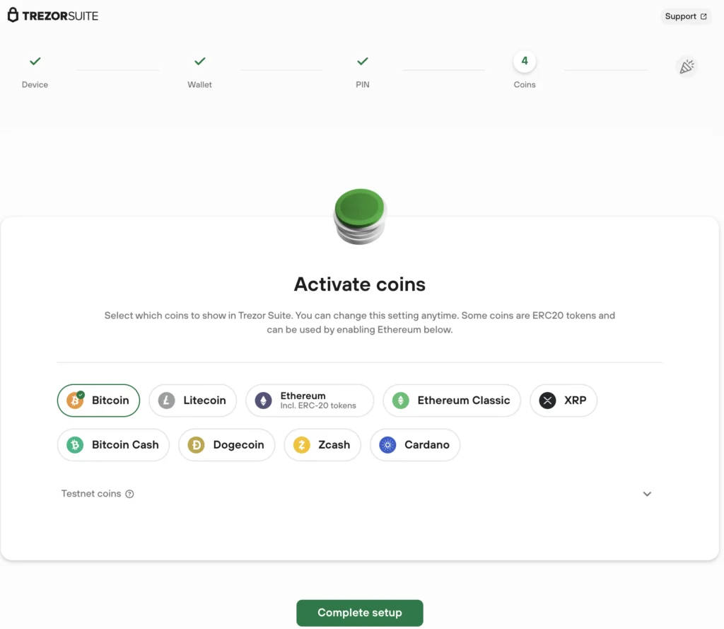 Activating coins on Trezor crypto wallet using app